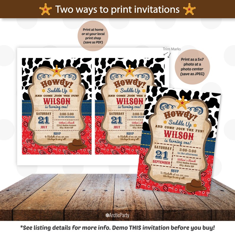 Op de afbeelding: Een printbare uitnodiging voor een cowboy-thema eerste verjaardag feestje. De uitnodiging heeft een rood en blauw bandana patroon, een koehuid patroon en de tekst "Howdy! Saddle Up and Come Join the Fun! Wilson is turning one!"