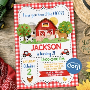 May include: A rectangular party invitation with a red and white gingham border featuring a watercolor barn, farm animals, and tractors. The text reads: Have you heard the MOOS? JACKSON is turning 2! Saturday October 2, 12:00-2:00 PM, Down on the Farm.