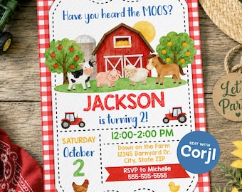 May include: A rectangular party invitation with a red and white gingham border featuring a watercolor barn, farm animals, and tractors. The text reads: Have you heard the MOOS? JACKSON is turning 2! Saturday October 2, 12:00-2:00 PM, Down on the Farm.