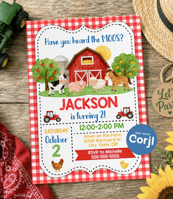 Farm Birthday Invitation, Barnyard Animals, (Digital or Printed)