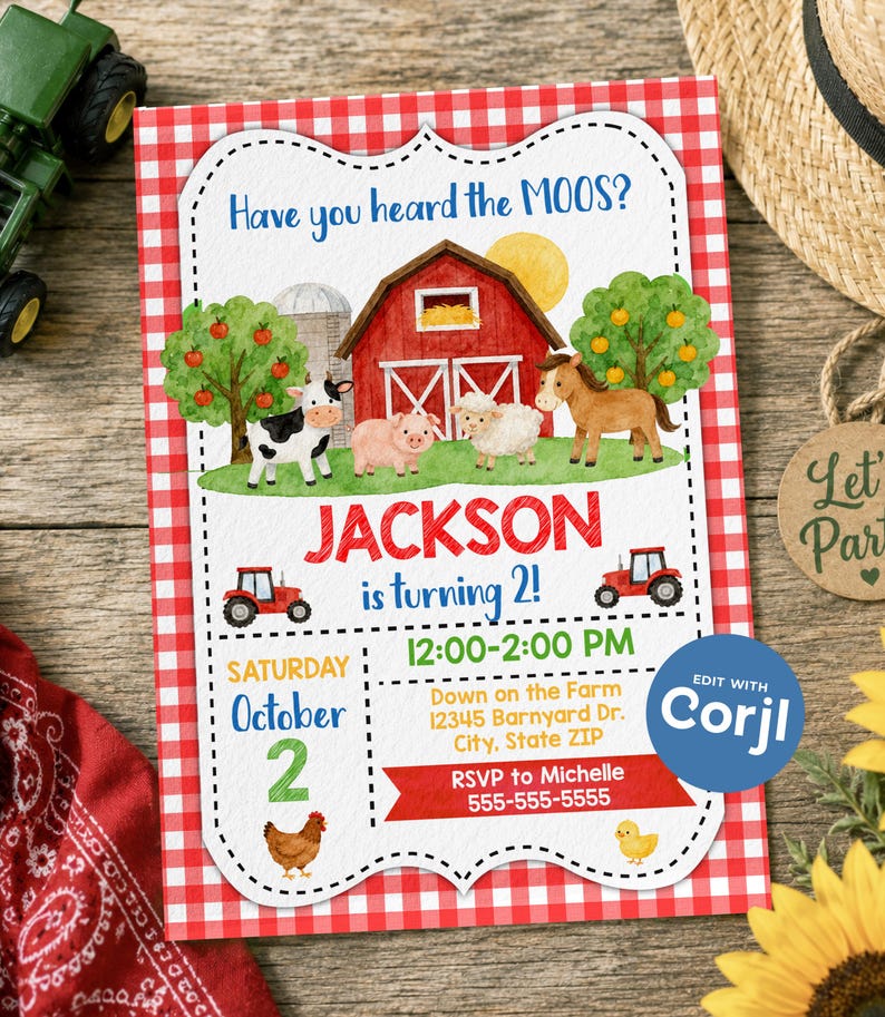 May include: A rectangular party invitation with a red and white gingham border featuring a watercolor barn, farm animals, and tractors. The text reads: Have you heard the MOOS? JACKSON is turning 2! Saturday October 2, 12:00-2:00 PM, Down on the Farm.