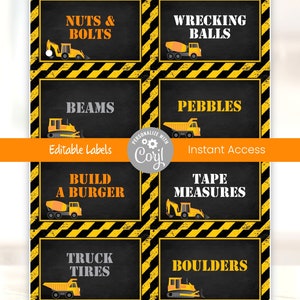 Cartes de place de construction, cartes de tente de construction imprimables - Étiquettes de construction - Étiquettes de buffet de construction - Tentes alimentaires de construction