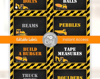 Peut inclure: Huit étiquettes de nourriture imprimables sur le thème de la construction avec des arrière-plans à rayures noires et jaunes. Les étiquettes présentent des illustrations de véhicules de construction et du texte qui se lit comme suit : « Nuts & Bolts », « Wrecking Balls », « Beams », « Pebbles », « Build a Burger », « Tape Measures », « Truck Tires » et « Boulders ».