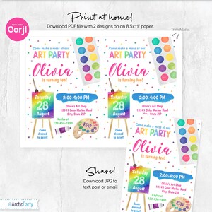 May include: An editable digital art party invitation template featuring colorful watercolor graphics of a paint palette, easel, and paint set. The text reads Come make a mess at our ART PARTY, Olivia is turning ten, Saturday 28 August, 2:00-4:00 PM.