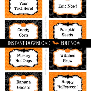May include: Halloween-themed printable labels with orange, black, and white designs. The labels feature bats, pumpkins, and spiderwebs, with text like "Candy Corn," "Mummy Hot Dogs," and "Happy Halloween!" The words "Instant Download" and "Edit Now!" are also present.