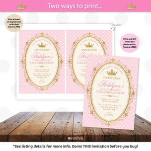 May include: A pink and gold princess-themed invitation with the text "Katelynn's 7th Royal Birthday Celebration." The invitation features a gold frame and crown design. The text includes the date, time, and location details.