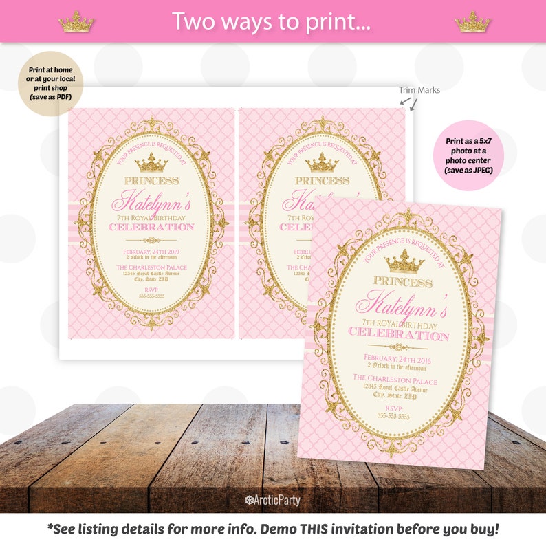 May include: A pink and gold princess-themed invitation with the text "Katelynn's 7th Royal Birthday Celebration." The invitation features a gold frame and crown design. The text includes the date, time, and location details.