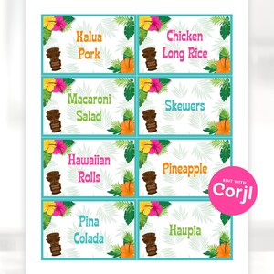 Peut inclure: Huit &eacute;tiquettes alimentaires imprimables sur le th&egrave;me tropical. Chaque &eacute;tiquette pr&eacute;sente une idole tiki, des fleurs tropicales et des feuilles. Les &eacute;tiquettes indiquent : Kalua Pork, Chicken Long Rice, Macaroni Salad, Skewers, Hawaiian Rolls, Pineapple, Pina Colada et Haupia.