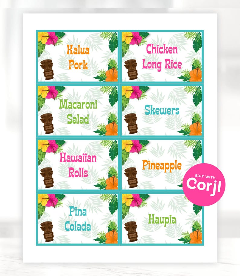 Peut inclure: Huit &eacute;tiquettes alimentaires imprimables sur le th&egrave;me tropical. Chaque &eacute;tiquette pr&eacute;sente une idole tiki, des fleurs tropicales et des feuilles. Les &eacute;tiquettes indiquent : Kalua Pork, Chicken Long Rice, Macaroni Salad, Skewers, Hawaiian Rolls, Pineapple, Pina Colada et Haupia.