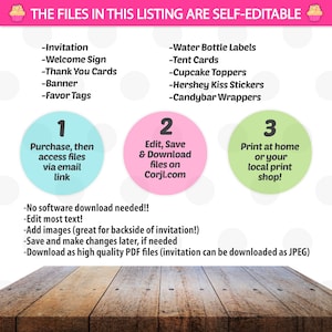 Puede incluir: Una lista de descarga digital para decoraciones de fiesta imprimibles. La lista incluye una invitaci&oacute;n, un cartel de bienvenida, tarjetas de agradecimiento, una pancarta, etiquetas de favor, etiquetas para botellas de agua, tarjetas de mesa, adornos para cupcakes, pegatinas de Hershey Kiss y envoltorios para barras de chocolate. La lista es autoeditable y se puede imprimir en casa o en una imprenta local.
