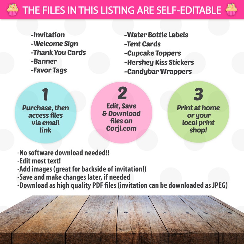 Puede incluir: Una lista de descarga digital para decoraciones de fiesta imprimibles. La lista incluye una invitaci&oacute;n, un cartel de bienvenida, tarjetas de agradecimiento, una pancarta, etiquetas de favor, etiquetas para botellas de agua, tarjetas de mesa, adornos para cupcakes, pegatinas de Hershey Kiss y envoltorios para barras de chocolate. La lista es autoeditable y se puede imprimir en casa o en una imprenta local.