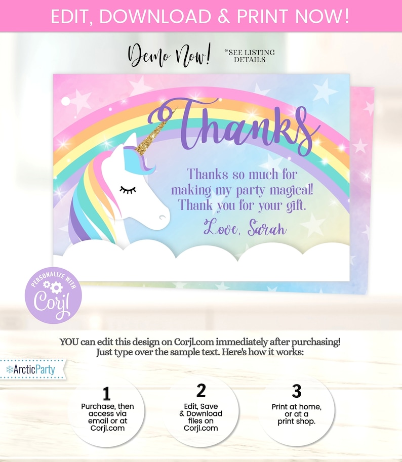 Puede incluir: Una tarjeta de agradecimiento imprimible con un unicornio, un arco&iacute;ris y estrellas. El texto dice: "&iexcl;Muchas gracias por hacer mi fiesta m&aacute;gica! Gracias por tu regalo. Con cari&ntilde;o, Sarah".