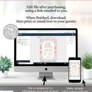 Puede incluir: Un ordenador de sobremesa y un smartphone que muestran una invitaci&oacute;n para un baby shower. La invitaci&oacute;n presenta un dise&ntilde;o floral con el texto "BABY SHOWER" y el nombre "Emily Smith". Tambi&eacute;n se muestran instrucciones sobre c&oacute;mo editar la invitaci&oacute;n.