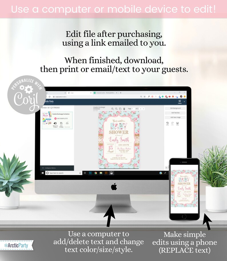 Puede incluir: Un ordenador de sobremesa y un smartphone que muestran una invitaci&oacute;n para un baby shower. La invitaci&oacute;n presenta un dise&ntilde;o floral con el texto "BABY SHOWER" y el nombre "Emily Smith". Tambi&eacute;n se muestran instrucciones sobre c&oacute;mo editar la invitaci&oacute;n.