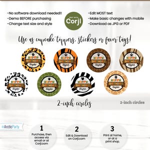 May include: Printable 2-inch circle stickers with a jungle animal theme. The stickers feature a variety of animal prints, including leopard, zebra, and giraffe. The text on the stickers reads "Happy Birthday Hayden".