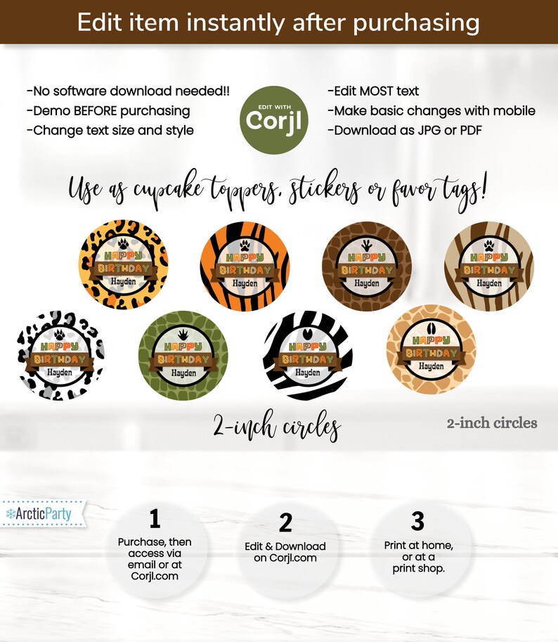 May include: Printable 2-inch circle stickers with a jungle animal theme. The stickers feature a variety of animal prints, including leopard, zebra, and giraffe. The text on the stickers reads "Happy Birthday Hayden".