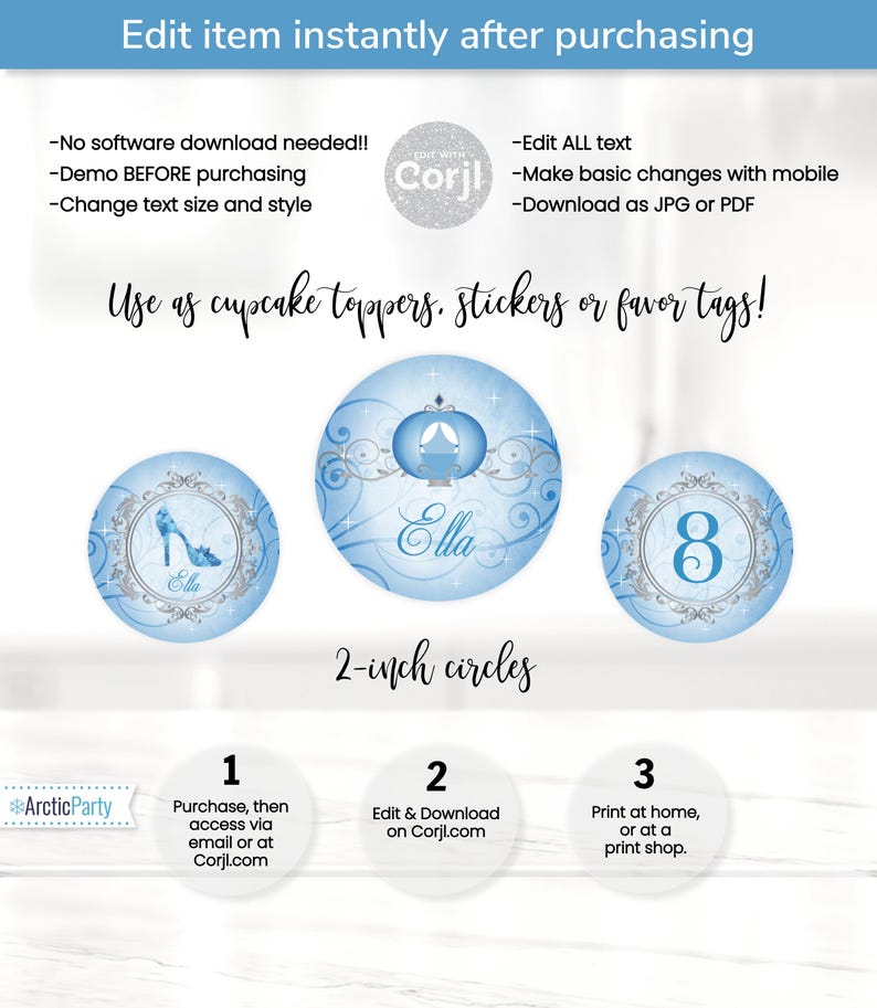 May include: Three 2-inch round printable stickers featuring a Cinderella theme. The stickers feature a silver carriage, a glass slipper, and the number 8. The stickers are blue with silver accents and glitter.
