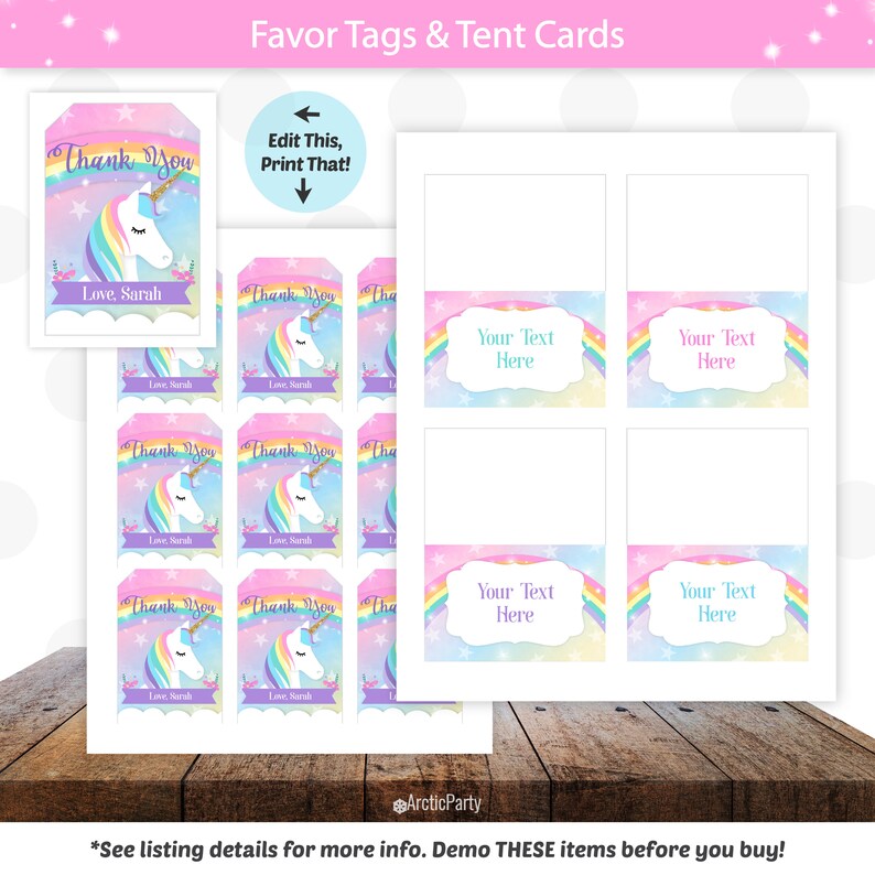 May include: Printable unicorn favor tags and tent cards. The tags feature a rainbow unicorn with stars and the text "Thank You". The tent cards have a rainbow background with stars and the text "Your Text Here".