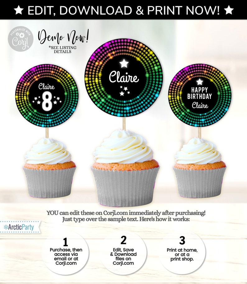 May include: A set of three printable cupcake toppers featuring a rainbow disco ball design. The toppers are customizable with the name "Claire" and the number "8". The text "Happy Birthday" is also included on one of the toppers.