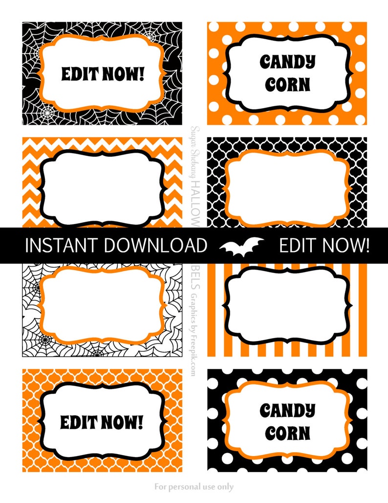 May include: A sheet of Halloween-themed labels with various patterns, including spiderwebs, chevrons, and polka dots. The labels feature the text "EDIT NOW!" and "CANDY CORN" in a decorative font, with orange and black color scheme.