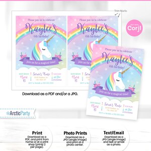 Puede incluir: Invitaci&oacute;n imprimible para una fiesta de cumplea&ntilde;os de 6 a&ntilde;os con tem&aacute;tica de unicornio. La invitaci&oacute;n presenta un arco&iacute;ris, estrellas y un unicornio con una crin rosa, morada y azul. El texto de la invitaci&oacute;n dice "&iexcl;Por favor, &uacute;nase a nosotros para celebrar el 6&ordm; cumplea&ntilde;os de Kaylee!" y "&iexcl;&Uacute;nete a nosotros para un momento m&aacute;gico!"