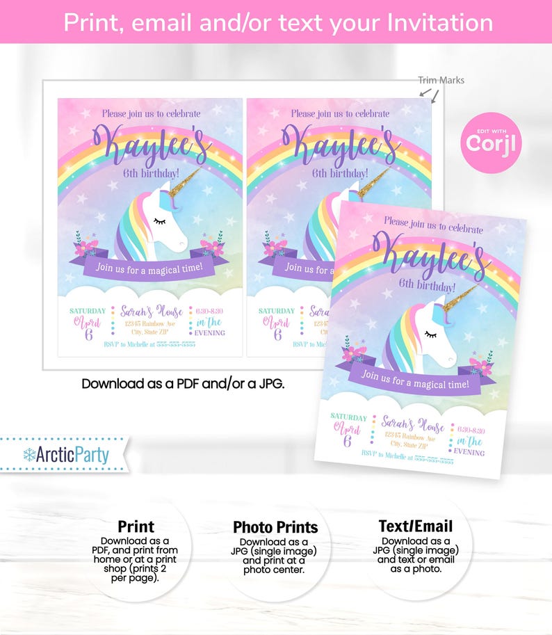 Puede incluir: Invitaci&oacute;n imprimible para una fiesta de cumplea&ntilde;os de 6 a&ntilde;os con tem&aacute;tica de unicornio. La invitaci&oacute;n presenta un arco&iacute;ris, estrellas y un unicornio con una crin rosa, morada y azul. El texto de la invitaci&oacute;n dice "&iexcl;Por favor, &uacute;nase a nosotros para celebrar el 6&ordm; cumplea&ntilde;os de Kaylee!" y "&iexcl;&Uacute;nete a nosotros para un momento m&aacute;gico!"