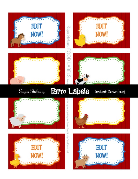 Farm Party Labels - Farm Tent Cards - INSTANTLY Downloadable and EDITABLE File!! Personalize with Adobe Reader NOW! - Farm Party Supplies