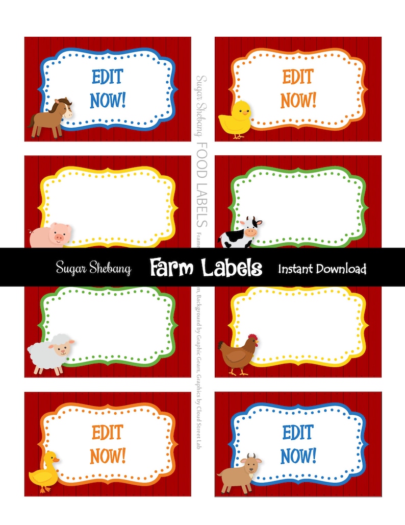 Puede incluir: Etiquetas de comida para animales de granja imprimibles con bordes rojos, amarillos, verdes y azules. Las etiquetas presentan una variedad de animales de granja, incluyendo un cerdo, una vaca, un pollo, una oveja, un pato y un caballo. El texto en las etiquetas dice "&iexcl;Editar ahora!" y "Sugar Shebang Farm Labels".