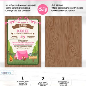 K&ouml;nnte beinhalten: Eine druckbare Einladung zu einer Geburtstagsfeier zum Thema Camping. Die Einladung zeigt ein rosa Zelt, einen Fuchs, eine Eule und ein Lagerfeuer. Der Text auf der Einladung lautet: "Hike on over to CAMP KAYLEE to celebrate his 8th birthday! Saturday August 27th from 6:00pm to 10:00am KAYLEE'S CAMP 12345 Black Bear Trail, City, State ZIP RSVP to Michelle at 555-555-5555 Grab your flashlight and sleeping bag. We'll be camping out! FOOD, FUN & SMORES!"