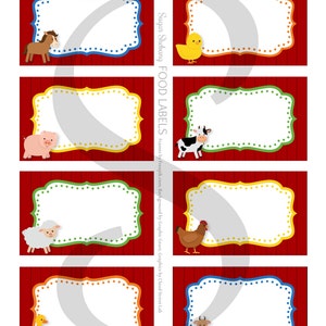 Puede incluir: Ocho etiquetas de comida imprimibles con animales de granja. Cada etiqueta tiene un fondo blanco con un borde de colores y una ilustraci&oacute;n de un animal de granja. Las etiquetas est&aacute;n dise&ntilde;adas para una fiesta con tem&aacute;tica de granero.