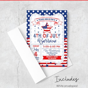 K&ouml;nnte beinhalten: Eine rechteckige Einladungskarte f&uuml;r ein 4.-Juli-Barbecue mit einem rot-wei&szlig;-blauen Sternenbanner-Muster. Der Text lautet: Please join us for a 4th of July Barbecue, Thursday July 4, 3:00-6:00 PM, The Anderson's und Bring a dish to share.