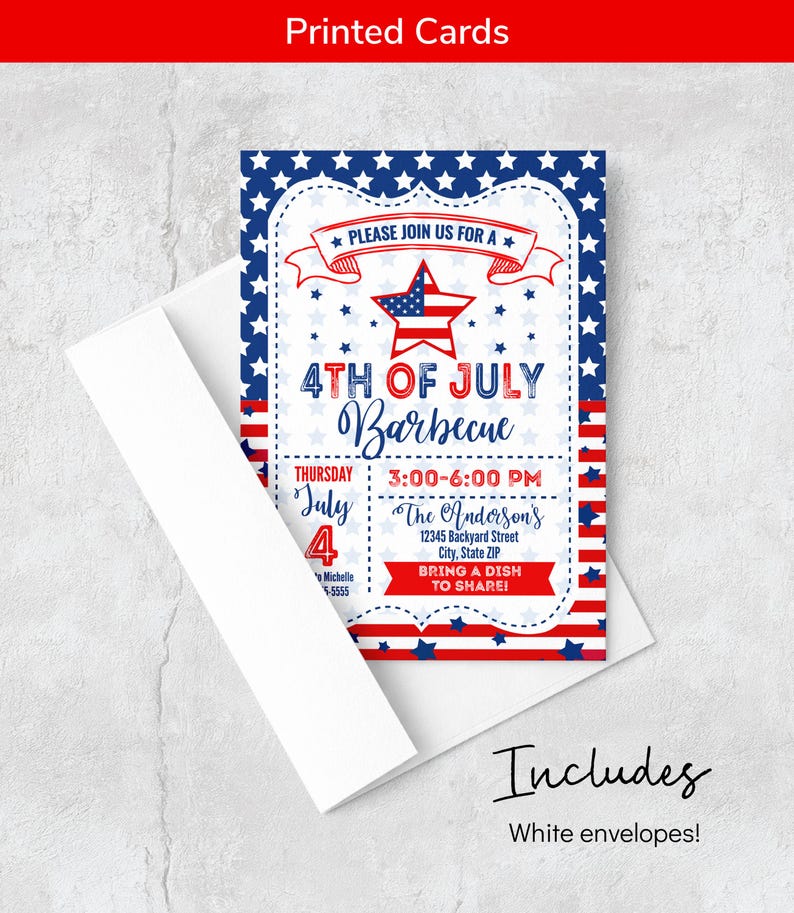 K&ouml;nnte beinhalten: Eine rechteckige Einladungskarte f&uuml;r ein 4.-Juli-Barbecue mit einem rot-wei&szlig;-blauen Sternenbanner-Muster. Der Text lautet: Please join us for a 4th of July Barbecue, Thursday July 4, 3:00-6:00 PM, The Anderson's und Bring a dish to share.