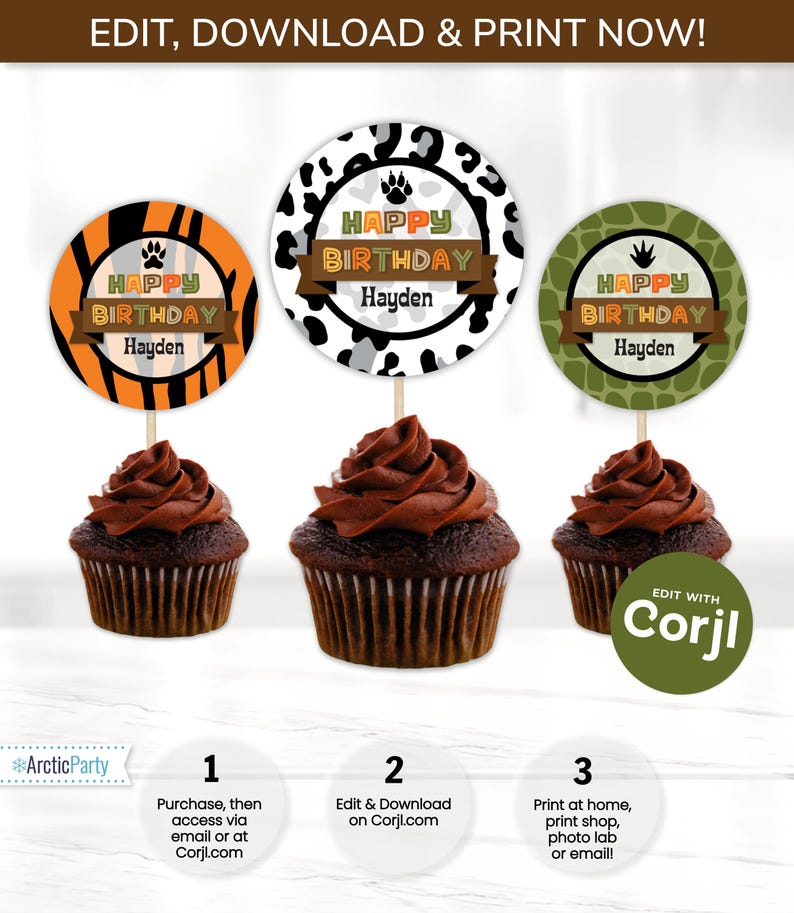 May include: Three cupcake toppers with a jungle animal theme. The toppers feature a tiger stripe pattern, a leopard print pattern, and a green camouflage pattern. Each topper has the text "Happy Birthday" and a name, "Hayden".