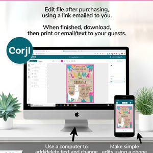 May include: A desktop computer and smartphone displaying a customizable invitation template with a llama theme. The invitation features colorful text and graphics. Instructions on editing and downloading the file are displayed above the computer.