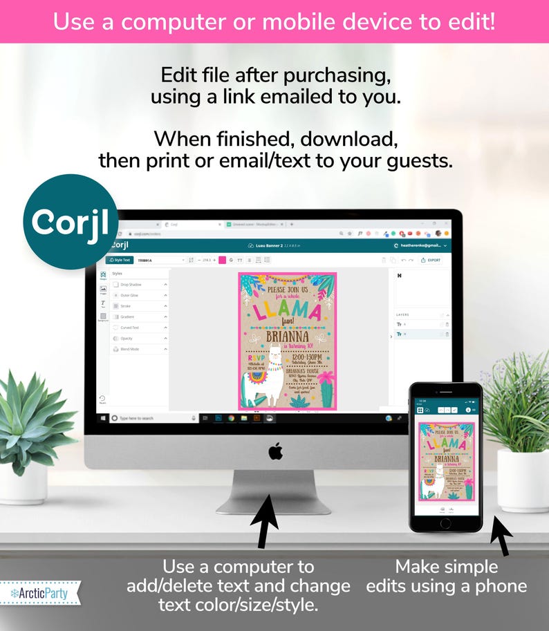 May include: A desktop computer and smartphone displaying a customizable invitation template with a llama theme. The invitation features colorful text and graphics. Instructions on editing and downloading the file are displayed above the computer.
