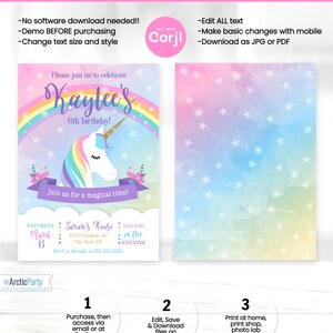 Puede incluir: Una invitaci&oacute;n imprimible para una fiesta de cumplea&ntilde;os con tem&aacute;tica de unicornio. La invitaci&oacute;n presenta un arco&iacute;ris, estrellas y un unicornio con un cuerno dorado. El texto de la invitaci&oacute;n dice "&iexcl;Por favor, &uacute;nase a nosotros para celebrar el sexto cumplea&ntilde;os de Kaylee!" y "&iexcl;&Uacute;nete a nosotros para un momento m&aacute;gico!"