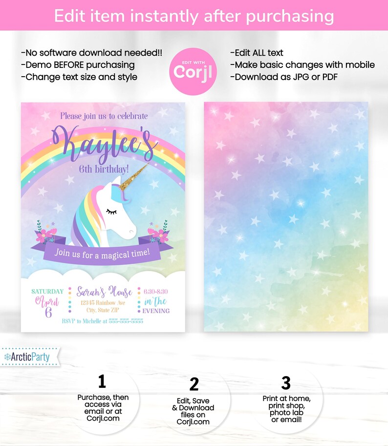 Puede incluir: Una invitaci&oacute;n imprimible para una fiesta de cumplea&ntilde;os con tem&aacute;tica de unicornio. La invitaci&oacute;n presenta un arco&iacute;ris, estrellas y un unicornio con un cuerno dorado. El texto de la invitaci&oacute;n dice "&iexcl;Por favor, &uacute;nase a nosotros para celebrar el sexto cumplea&ntilde;os de Kaylee!" y "&iexcl;&Uacute;nete a nosotros para un momento m&aacute;gico!"