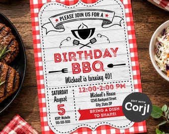 BBQ Invitations - Barbecue Birthday Party (Digital or Printed)