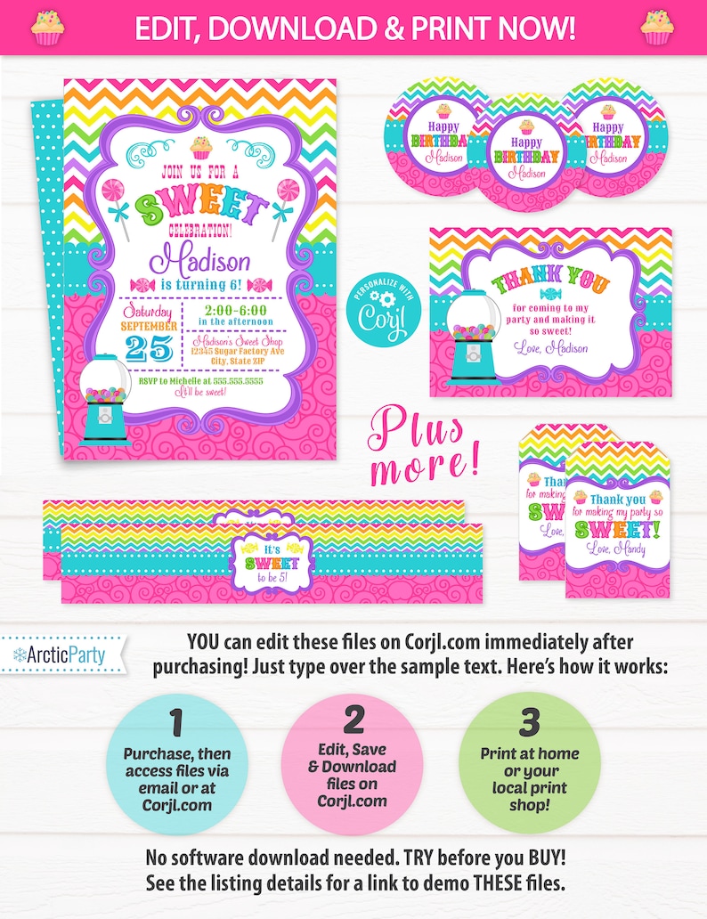 Puede incluir: Un conjunto de archivos digitales imprimibles para una fiesta de cumplea&ntilde;os con tem&aacute;tica de dulces. El conjunto incluye una invitaci&oacute;n rosa y azul con una m&aacute;quina de chicles, una tarjeta de agradecimiento y una etiqueta. El texto de la invitaci&oacute;n dice "Join us for a Sweet Celebration! Madison is turning 6!" El texto de la tarjeta de agradecimiento dice "Thank you for coming to my party and making it so sweet! Love, Madison". El texto de la etiqueta dice "Thank you for making my party so sweet! Love, Mandy".