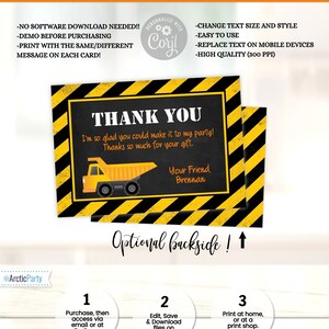 May include: A printable thank you card with a yellow construction truck on a black chalkboard background. The text on the card reads "Thank You" and "I'm so glad you could make it to my party! Thanks so much for your gift. Your Friend, Brennan".
