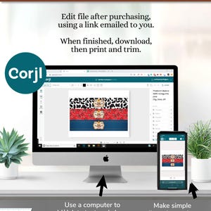May include: A computer screen shows a website with a design for a printable party favor. The design features a red, white, and blue bandana pattern with the text "Happy Birthday". The text below the image says "Use a computer to add/delete text and change text color/size/style." A phone screen shows the same design with the text "Make simple edits using a phone (REPLACE text)".