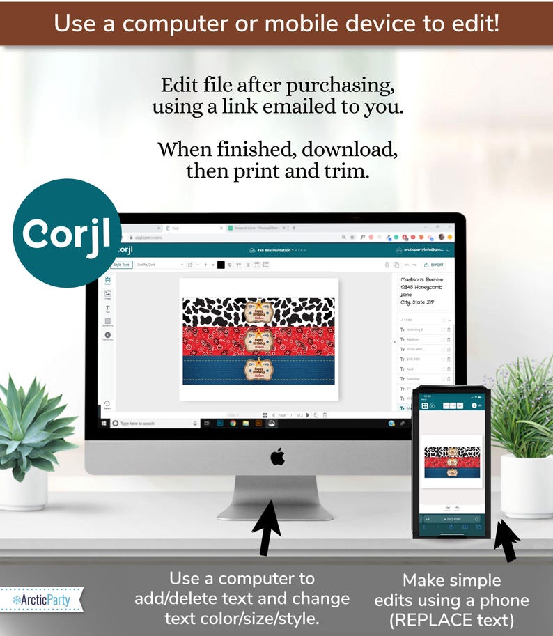 May include: A computer screen shows a website with a design for a printable party favor. The design features a red, white, and blue bandana pattern with the text "Happy Birthday". The text below the image says "Use a computer to add/delete text and change text color/size/style." A phone screen shows the same design with the text "Make simple edits using a phone (REPLACE text)".