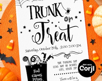 May include: A white rectangular invitation card featuring black text that reads Join us for our 3rd Annual TRUNK or Treat, Saturday, October 26th, 5:00-7:00 PM, The parking lot, 12345 Not So Scarey, City, State Zip, and Food Games Prizes & More!