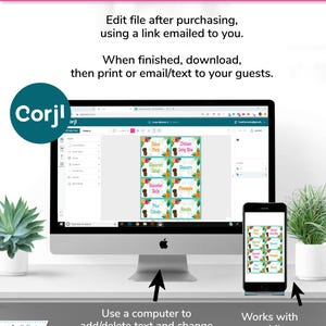 Peut inclure: Un &eacute;cran d'ordinateur et un t&eacute;l&eacute;phone mobile affichant un site Web avec un design color&eacute; pour des &eacute;tiquettes alimentaires modifiables. Les &eacute;tiquettes pr&eacute;sentent un th&egrave;me tropical avec des images d'ananas et d'un cochon. Le texte sur les &eacute;tiquettes comprend "Kalua Pork", "Chicken Long Rice", "Macaroni Salad", "Skewers", "Hawaiian Rolls", "Pineapple", "Pina Colada", et "Haupia". Le texte sur l'&eacute;cran indique "Utilisez un ordinateur ou un appareil mobile pour modifier !" et "Modifier le fichier apr&egrave;s l'achat, en utilisant un lien envoy&eacute; par e-mail." Le texte sur le t&eacute;l&eacute;phone indique "Fonctionne avec le mobile".