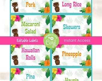 Luau Place Cards, Printable Luau Tent Cards - Luau Party Labels - Luau Buffet Labels - Hawaiian Food Tents - Hawaii Themed Labels - Hawaiian