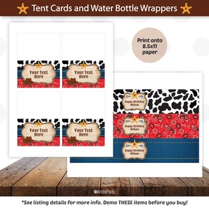 Op de afbeelding: Printbare tentkaarten en waterflesverpakkingen met een cowboythema. De ontwerpen omvatten rode en blauwe bandana-patronen, een koehuidprint en een cowboyhoed. De tekst op de verpakkingen luidt "Happy Birthday Wilson".