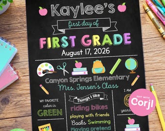 First Day of School Sign - Back to School Sign Template - Pink Back to School Chalkboard Sign (Digital or Physical)