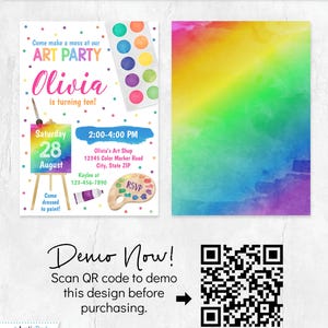 May include: A digital art party invitation template featuring colorful polka dots, a watercolor paint set, an easel, and a wooden palette. The text reads Come make a mess at our ART PARTY Olivia is turning ten! Saturday 28 August 2:00-4:00 PM.