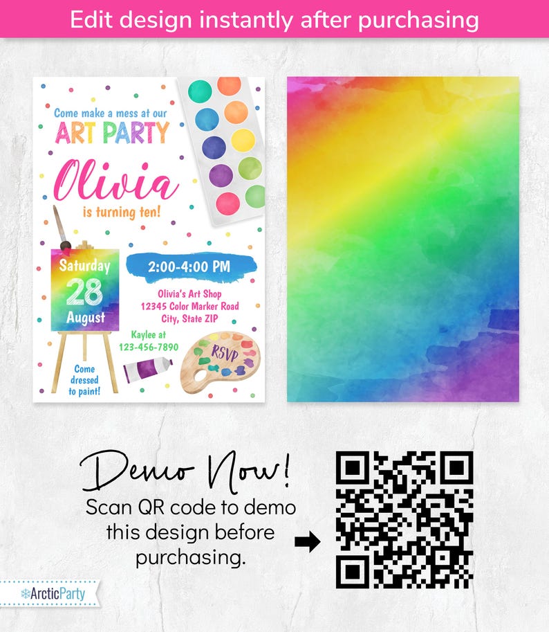 May include: A digital art party invitation template featuring colorful polka dots, a watercolor paint set, an easel, and a wooden palette. The text reads Come make a mess at our ART PARTY Olivia is turning ten! Saturday 28 August 2:00-4:00 PM.