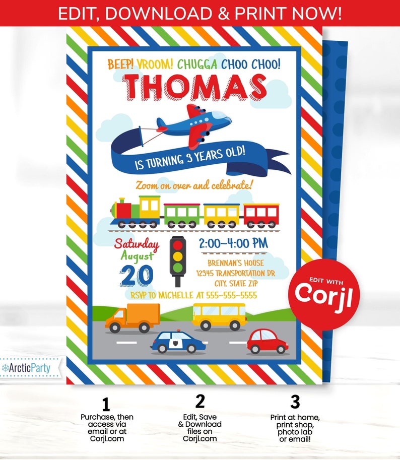 Puede incluir: Una invitaci&oacute;n de cumplea&ntilde;os colorida para un ni&ntilde;o que cumple tres a&ntilde;os. La invitaci&oacute;n presenta un tren de dibujos animados, un avi&oacute;n y un sem&aacute;foro. El texto de la invitaci&oacute;n dice "&iexcl;Bip! &iexcl;Vrum! &iexcl;Chugga Choo Choo! &iexcl;Thomas cumple 3 a&ntilde;os!" e incluye la fecha, la hora y el lugar de la fiesta. La invitaci&oacute;n est&aacute; dise&ntilde;ada para ser editada e impresa en casa.